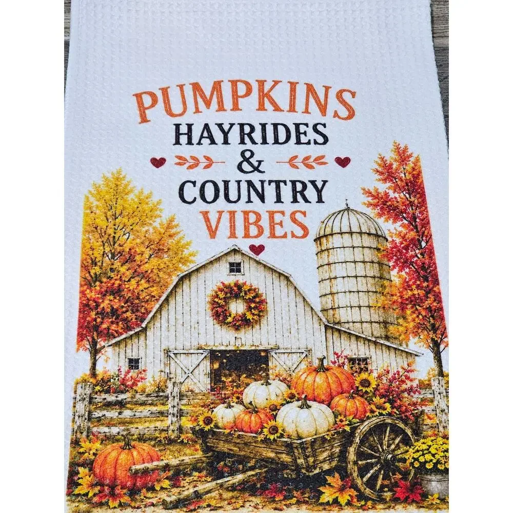 Pumpkins Hayrides & Country Vibes Kitchen Towel Fall Farmhouse Decor